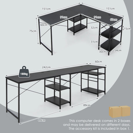 151CM Convertible L-shaped Computer Desk with 4 Storage Shelves for Home Office-Black