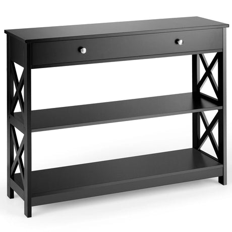 Console Table 3-Tier with Drawer and Storage Shelves-Black