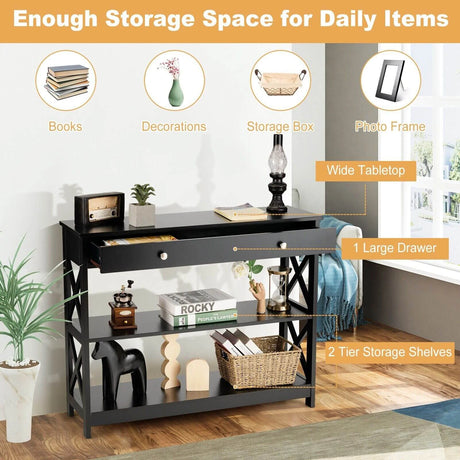 Console Table 3-Tier with Drawer and Storage Shelves-Black