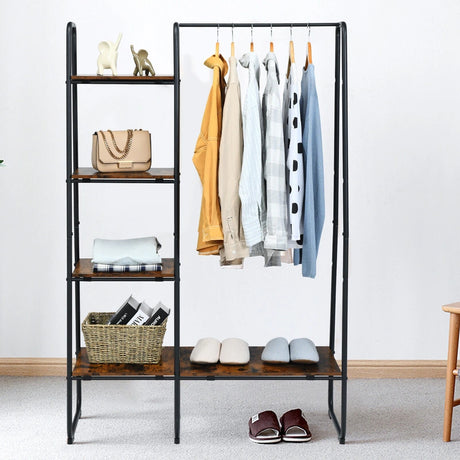 Free-Standing Garment Clothing Rack with 5-Tier Wood Shelves-Black