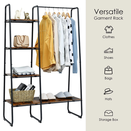 Free-Standing Garment Clothing Rack with 5-Tier Wood Shelves-Black