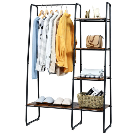 Free-Standing Garment Clothing Rack with 5-Tier Wood Shelves-Black