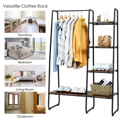 Free-Standing Garment Clothing Rack with 5-Tier Wood Shelves-Black