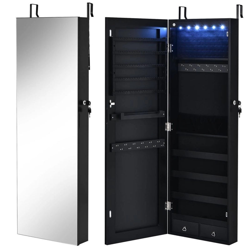 Wall Mounted Full Screen Mirror Jewelry Cabinet Armoire wirth 6 LEDs-Black