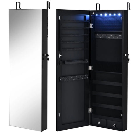 Wall Mounted Full Screen Mirror Jewelry Cabinet Armoire wirth 6 LEDs-Black