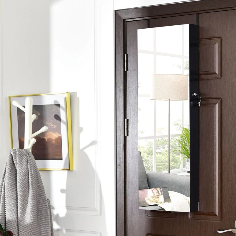 Wall Mounted Full Screen Mirror Jewelry Cabinet Armoire wirth 6 LEDs-Black