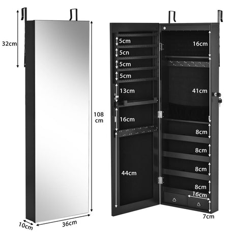 Wall Mounted Full Screen Mirror Jewelry Cabinet Armoire wirth 6 LEDs-Black