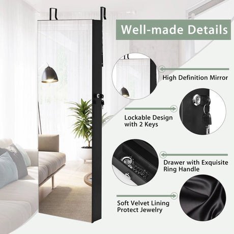 Wall Mounted Full Screen Mirror Jewelry Cabinet Armoire wirth 6 LEDs-Black