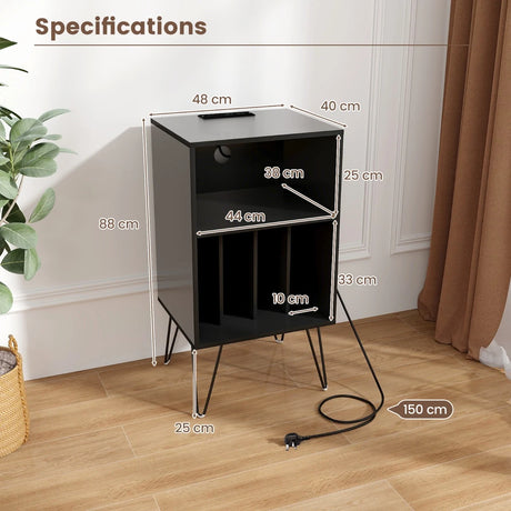 3-Tier Record Player Stand with Charging Station Shelf and 4 Dividers-Black
