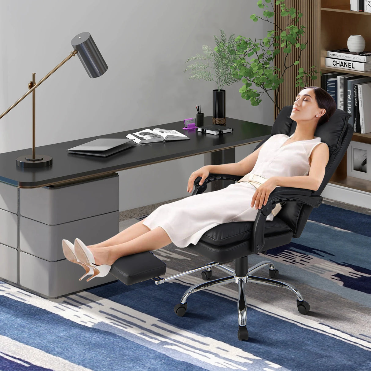 Ergonomic Adjustable Swivel Office Chair with Retractable Footrest-Black