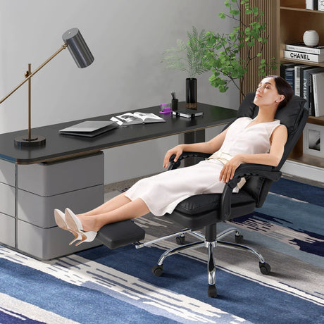 Ergonomic Adjustable Swivel Office Chair with Retractable Footrest-Black