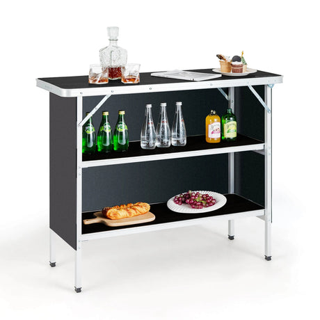 Portable Folding Camping Table with 2-Tier Open Shelves for Picnic, Barbecue, Outdoor Party-Black