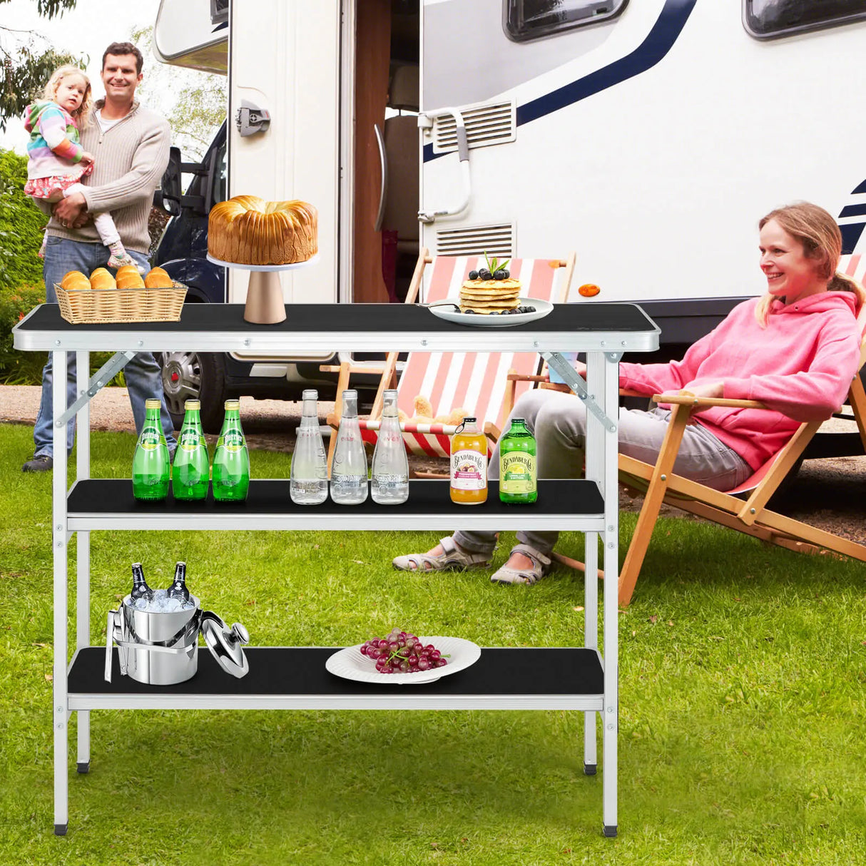Portable Folding Camping Table with 2-Tier Open Shelves for Picnic, Barbecue, Outdoor Party-Black