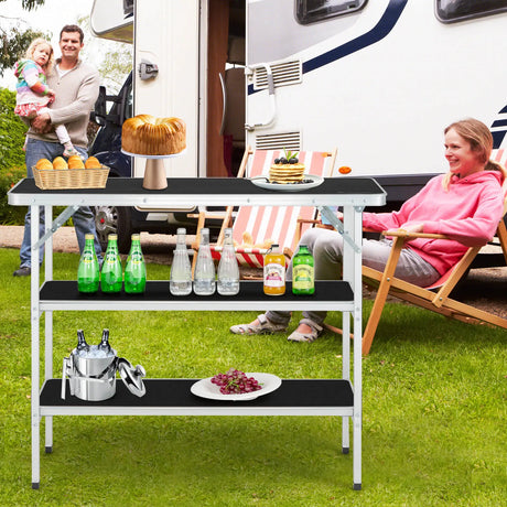 Portable Folding Camping Table with 2-Tier Open Shelves for Picnic, Barbecue, Outdoor Party-Black