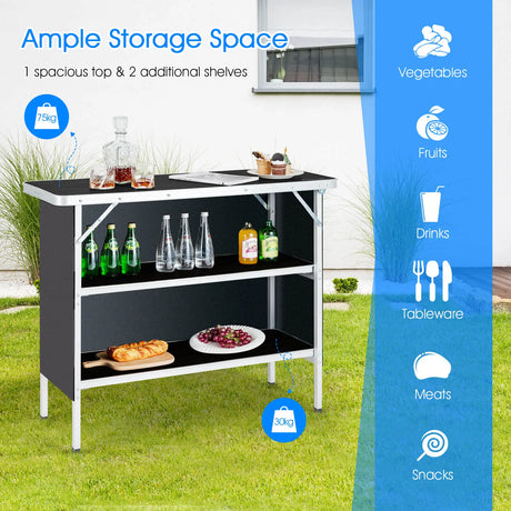 Portable Folding Camping Table with 2-Tier Open Shelves for Picnic, Barbecue, Outdoor Party-Black