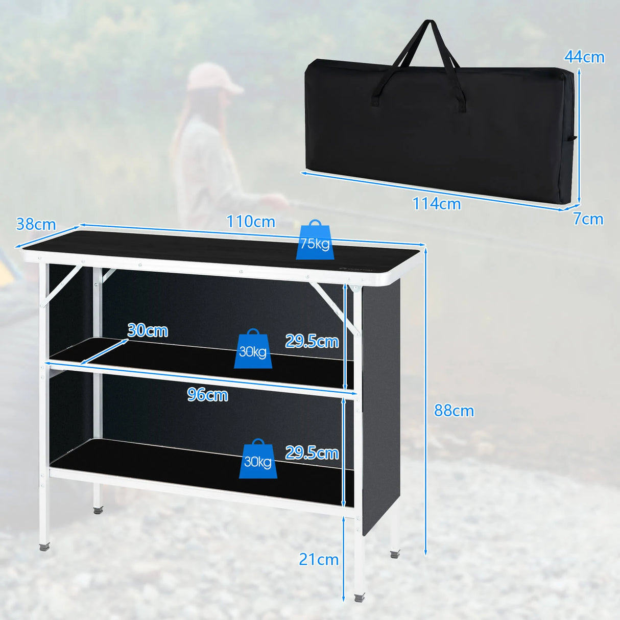 Portable Folding Camping Table with 2-Tier Open Shelves for Picnic, Barbecue, Outdoor Party-Black