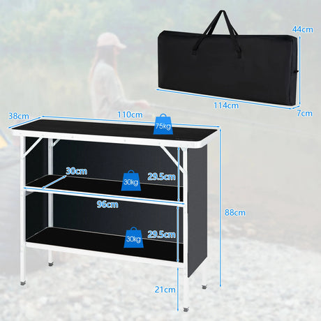 Portable Folding Camping Table with 2-Tier Open Shelves for Picnic, Barbecue, Outdoor Party-Black