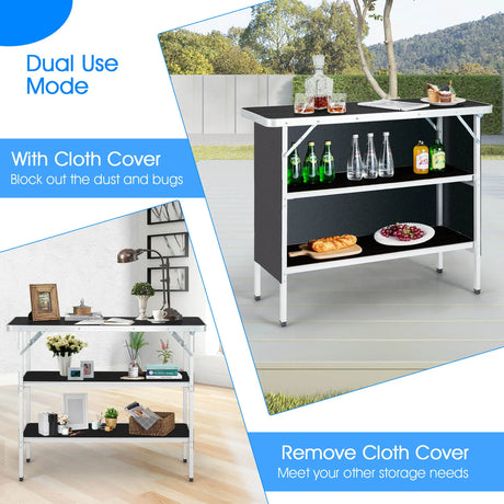 Portable Folding Camping Table with 2-Tier Open Shelves for Picnic, Barbecue, Outdoor Party-Black