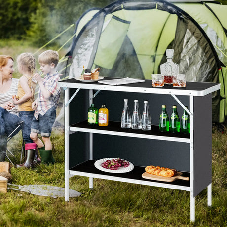 Portable Folding Camping Table with 2-Tier Open Shelves for Picnic, Barbecue, Outdoor Party-Black