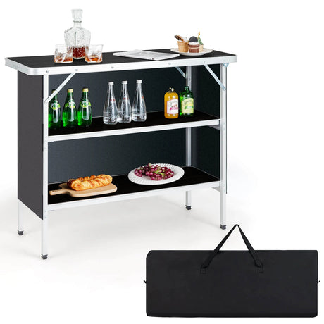 Portable Folding Camping Table with 2-Tier Open Shelves for Picnic, Barbecue, Outdoor Party-Black