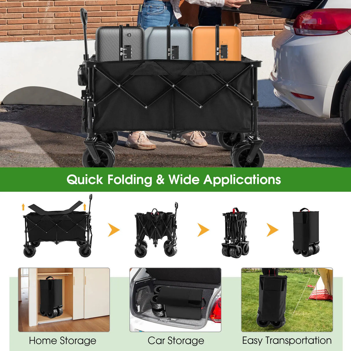 Folding Wagon Utility Cart with Adjustable Handle for Garden, Shopping