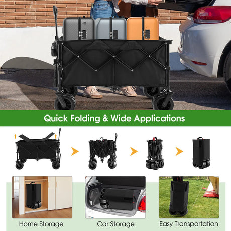 Folding Wagon Utility Cart with Adjustable Handle for Garden, Shopping