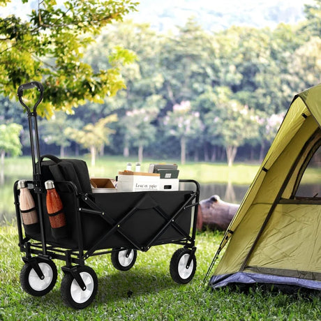 eavy Duty Camping Garden Cart with Adjustable Handle and Drink Holders-Black