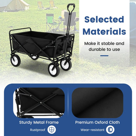 eavy Duty Camping Garden Cart with Adjustable Handle and Drink Holders-Black