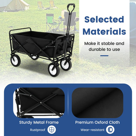 eavy Duty Camping Garden Cart with Adjustable Handle and Drink Holders-Black