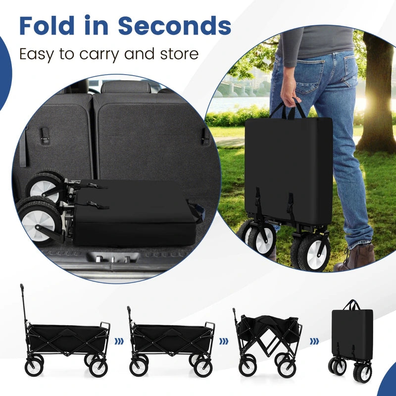 eavy Duty Camping Garden Cart with Adjustable Handle and Drink Holders-Black