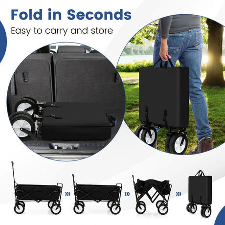 eavy Duty Camping Garden Cart with Adjustable Handle and Drink Holders-Black
