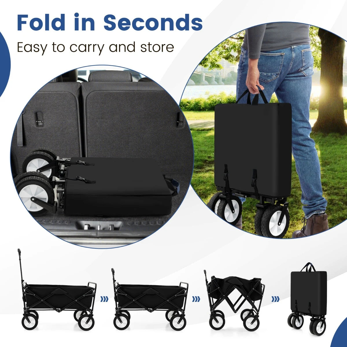 eavy Duty Camping Garden Cart with Adjustable Handle and Drink Holders-Black