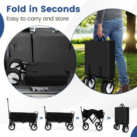 eavy Duty Camping Garden Cart with Adjustable Handle and Drink Holders-Black