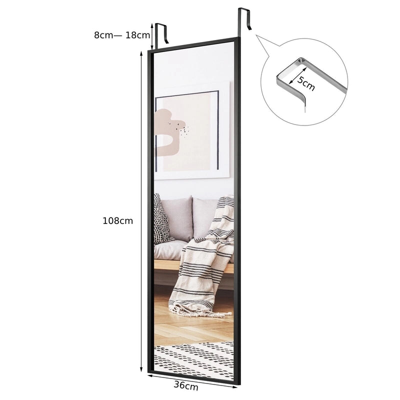 Full Length Wall-Mounted Mirror with Height Adjusting Hooks-Black