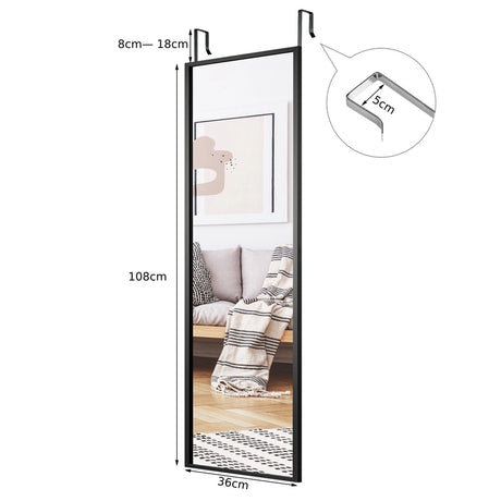 Full Length Wall-Mounted Mirror with Height Adjusting Hooks-Black