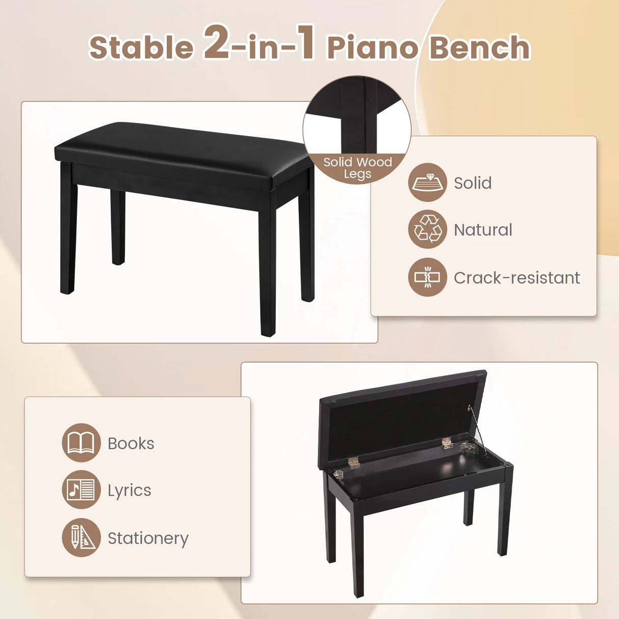 Solid Wood PU Leather Padded Piano Bench Keyboard Seat-Black