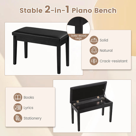 Solid Wood PU Leather Padded Piano Bench Keyboard Seat-Black