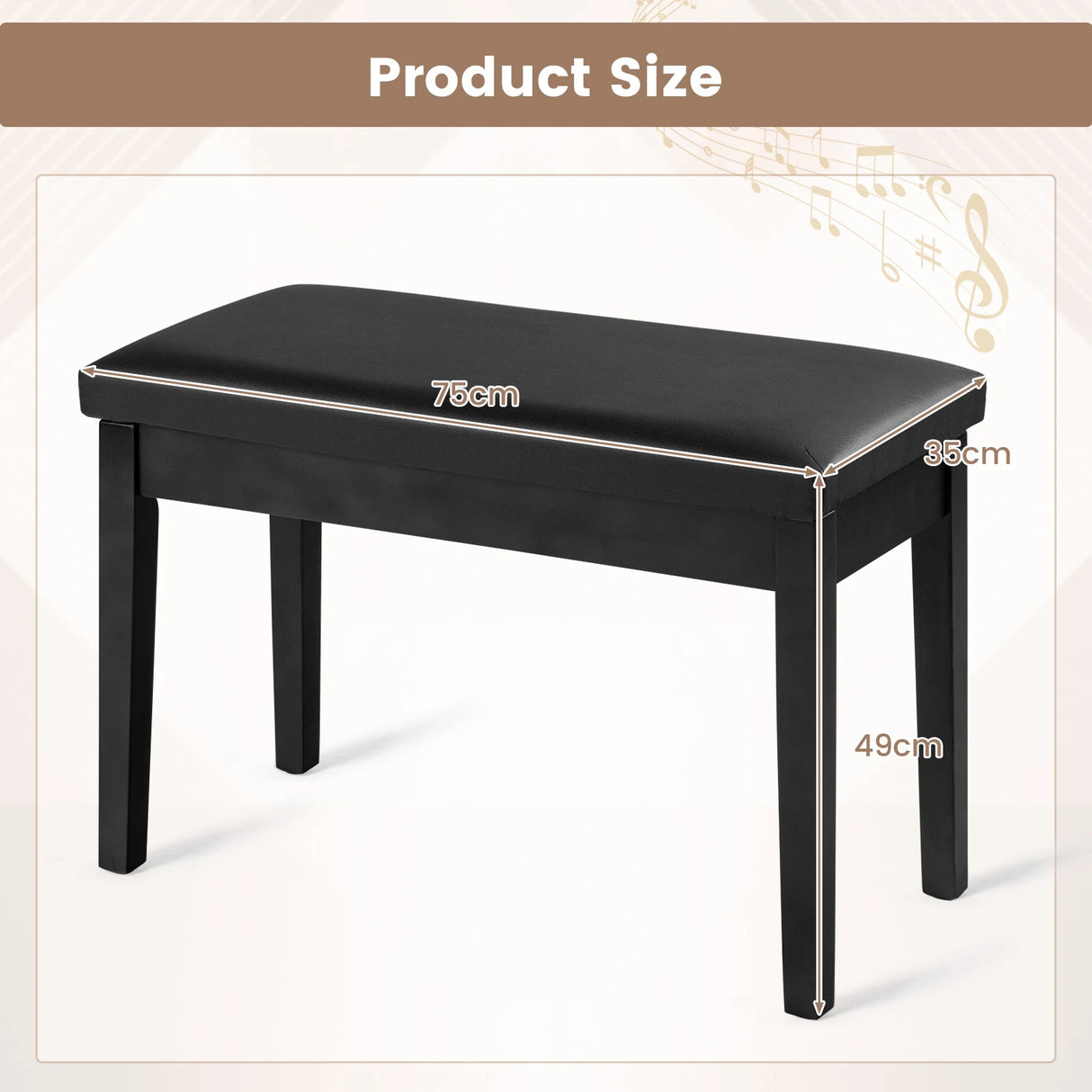 Solid Wood PU Leather Padded Piano Bench Keyboard Seat-Black