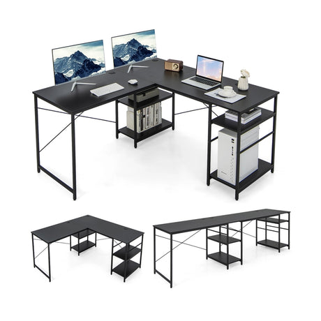 151CM Convertible L-shaped Computer Desk with 4 Storage Shelves for Home Office-Black