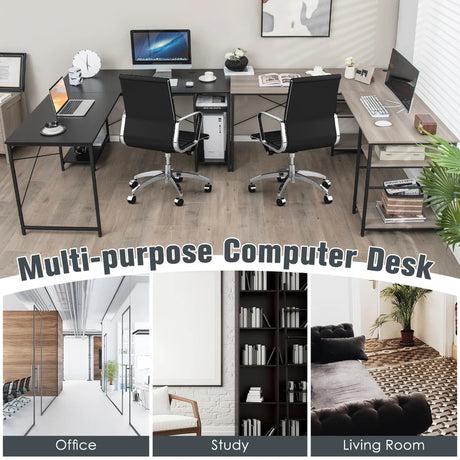 151CM Convertible L-shaped Computer Desk with 4 Storage Shelves for Home Office-Black