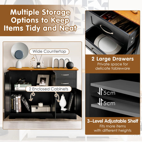 Modern Kitchen Sideboard Storage Cabinet with Adjustable Shelf and Drawers-Black