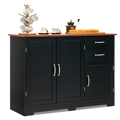 Modern Kitchen Sideboard Storage Cabinet with Adjustable Shelf and Drawers-Black