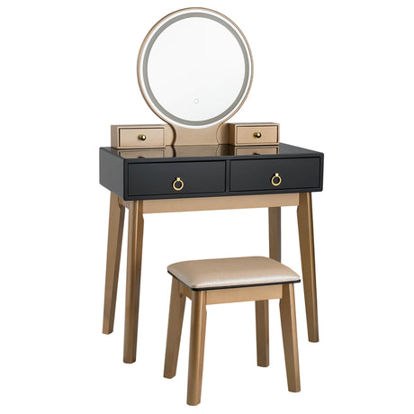 Modern Dressing Table with LED Mirror and Cushioned Stool-Black