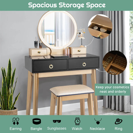 Modern Dressing Table with LED Mirror and Cushioned Stool-Black
