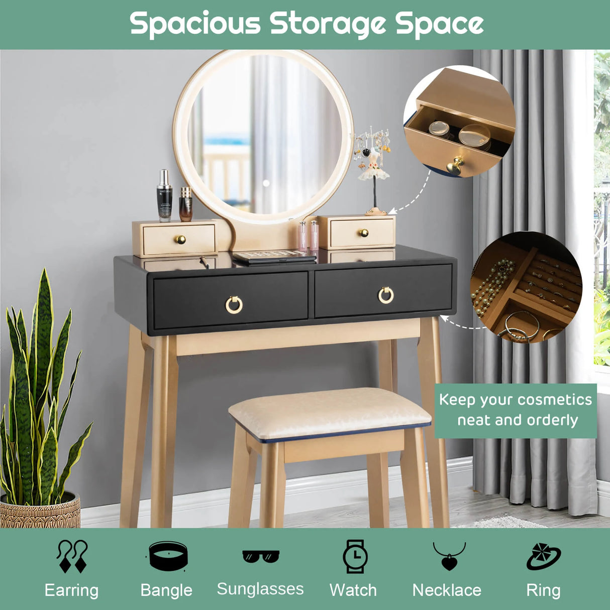 Modern Dressing Table with LED Mirror and Cushioned Stool-Black