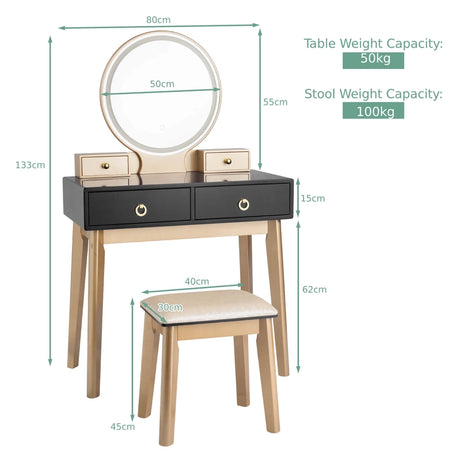 Modern Dressing Table with LED Mirror and Cushioned Stool-Black