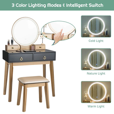 Modern Dressing Table with LED Mirror and Cushioned Stool-Black