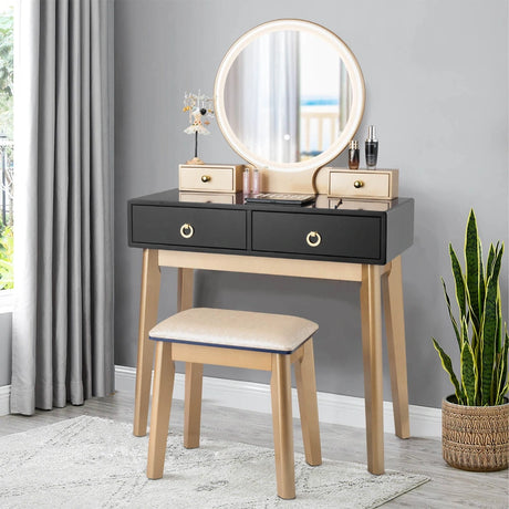 Modern Dressing Table with LED Mirror and Cushioned Stool-Black