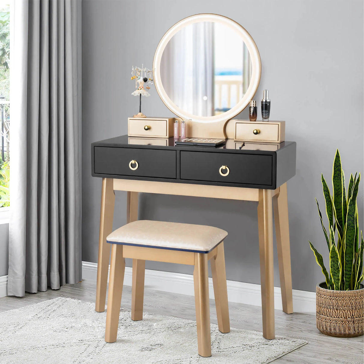 Modern Dressing Table with LED Mirror and Cushioned Stool-Black