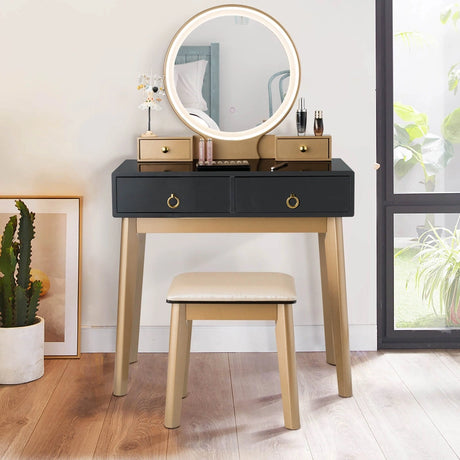 Modern Dressing Table with LED Mirror and Cushioned Stool-Black